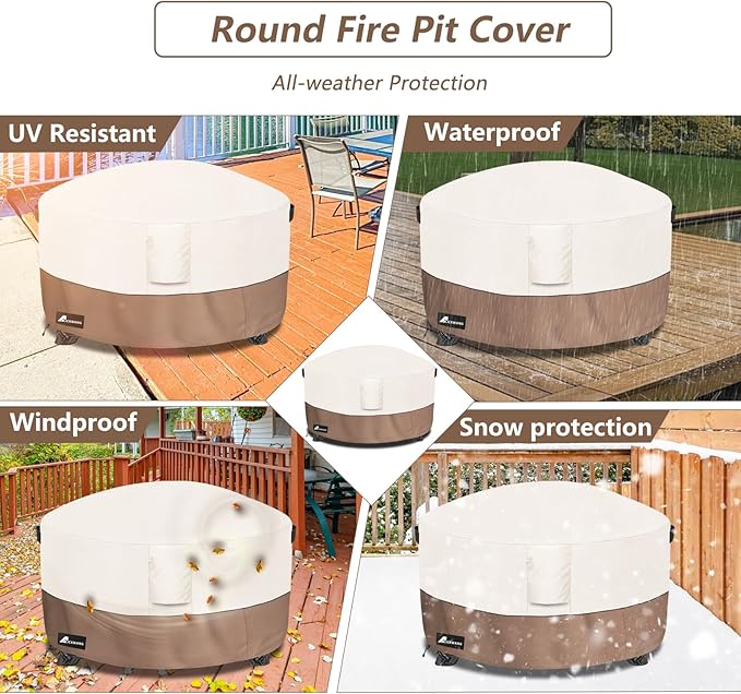 Fire Pit Cover Round 32 Inch Waterproof,Outdoor Heavy Duty Durable 600D Tear-Resistant Fire Pit Table Cover,Patio Round Firepit Cover 32" D x 16" H, Beige