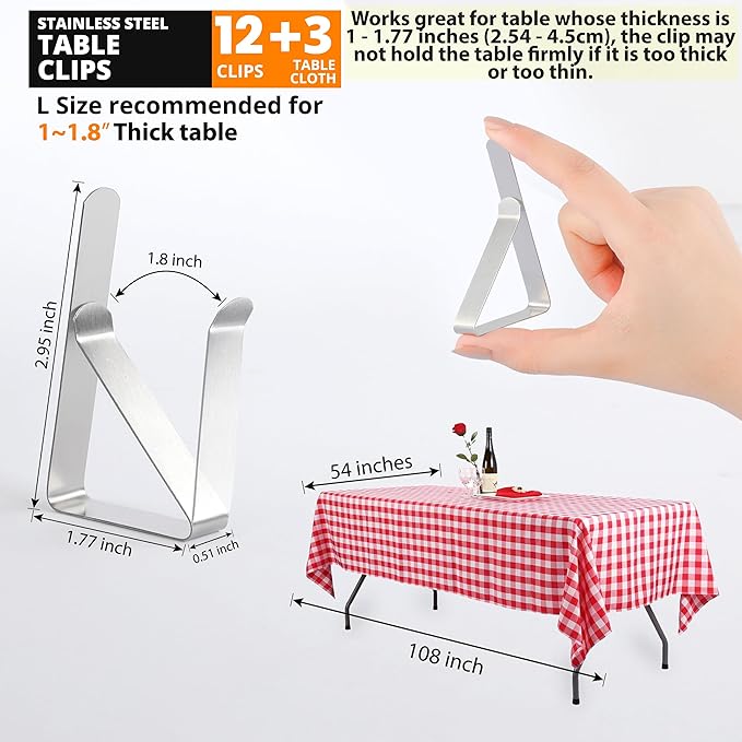 12 Pack Tablecloth Clips with 3 Tablecloths - Stainless Steel, Heavy Duty Table Clips for Home, Restaurants, Picnic, Party, Dining Tables - Fits Up to 1.8 Inch Thick Tables