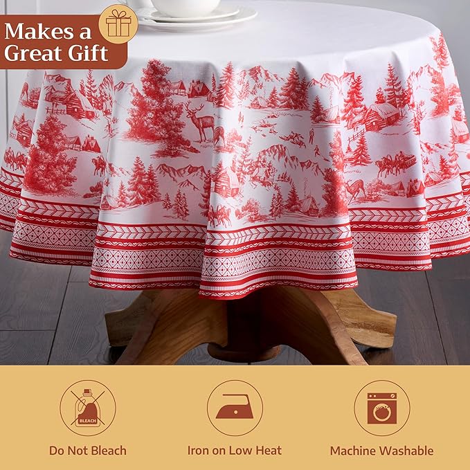 Maison d' Hermine Table Cloth Round Table 100% Cotton 63 Inches Fall Tablecloth Reusable Everyday Use for Thanksgiving Christmas Decorations Dining Farmhouse Party (Winter Jouy)