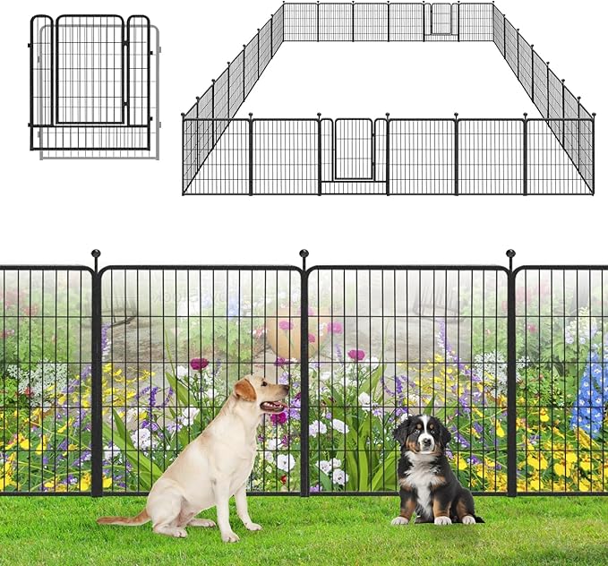 Garden Fence with Gate Metal Fencing Outdoor for Yard, 32in x60ft 26 Panels Outdoor Dog Fence Temporary Fence for Dogs Outside, Rustproof Garden Fencing Flower Bed Edging for Patio