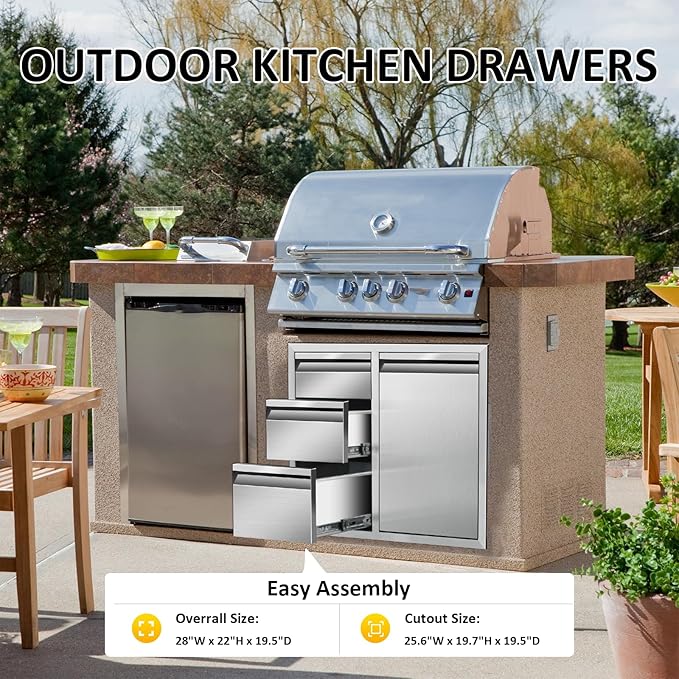 Outdoor Kitchen Door Drawer Combo Cabinet 28" W x 22" H x 19.5" D Stainless Steel Built-in Triple Drawers&Right Trash Drawer Combo Cabinet for Outdoor Kitchen Island, Patio Grill Station