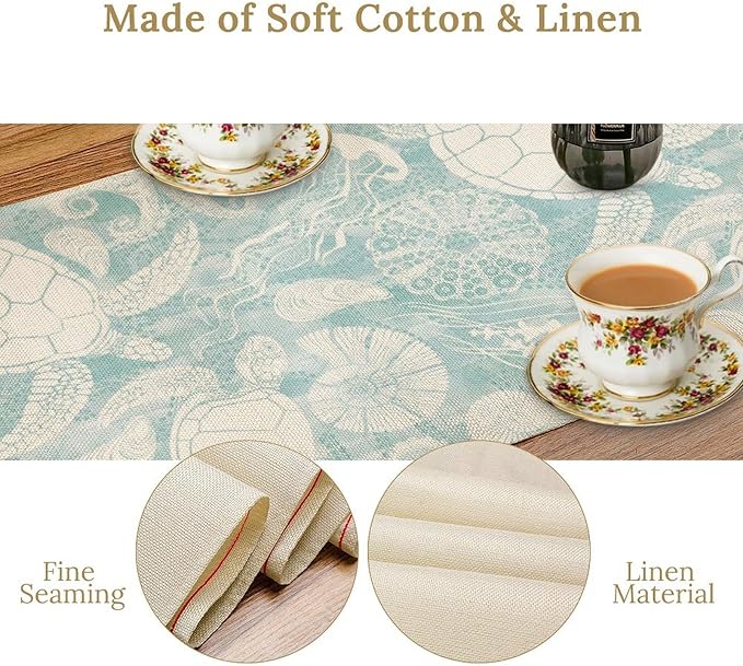 Marine Sea Turtle Table Runner, Ocean Beach Coral Starfish Seashell Table Runner for Kitchen Dining Wedding Party Banquet 13x70in