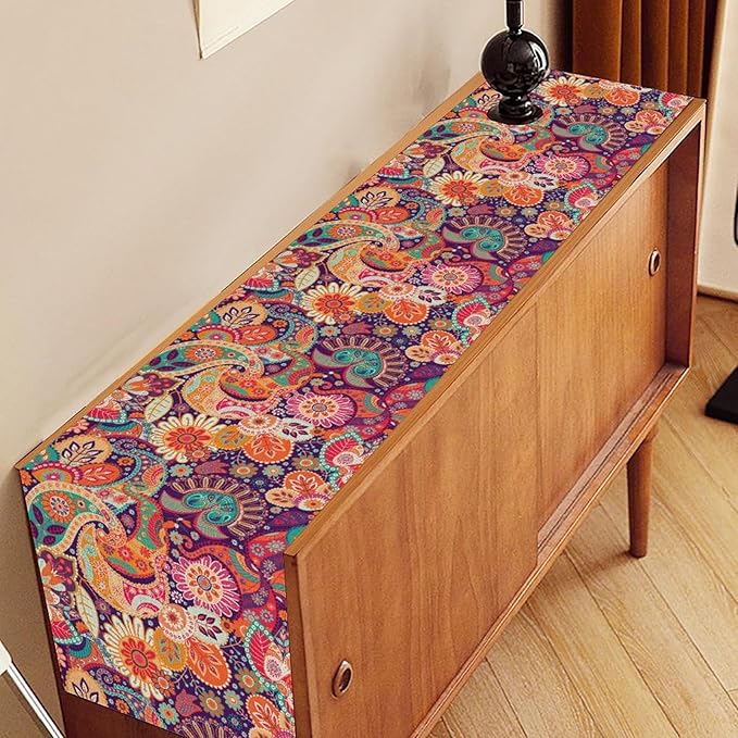 Purple Paisley Table Runner, Rustic Damask Antique Floral Flower Retro Boho Mandala Indian Bohemian Vintage Table Center Decor for Family Kitchen and Living Room Country Table Decorations, 13" X 90"