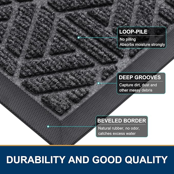 Smiry Front Door Mat Outside Entrance, Heavy Duty Sturdy Natural Rubber Doormat, Trap Dirt and Moisture, Easy Clean Low Profile Mats for Indoor Outdoor Entry, Grid Geometric (59x35, Grey)