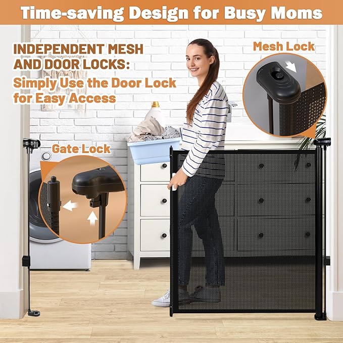 42" Extra Tall Retractable Baby Gates Dog Gate for Stairs, 55" Wide Mesh Baby Gate Pet Gate with Support Rods for The House, Child Safety Gates for Doorways, Hallways, Deck, Porch, Indoor, Outdoor