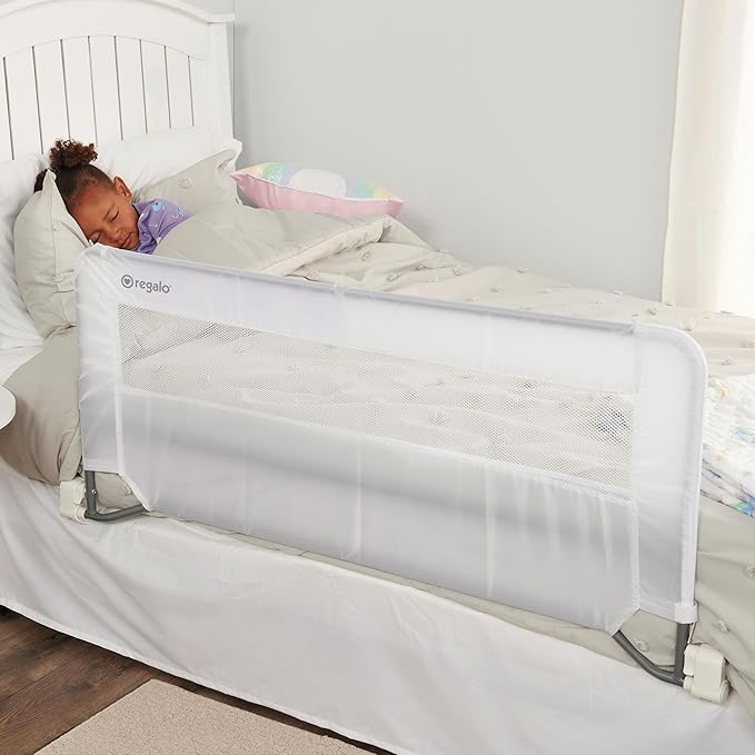 Regalo Safety Swing Down Bed Rail Guard for Toddlers, Bed Safety Rail with Patented Gap Guard, Fits Twin, Full & Queen Mattress, White, Tested & Safe for 30 Years, American Designed, Family Owned