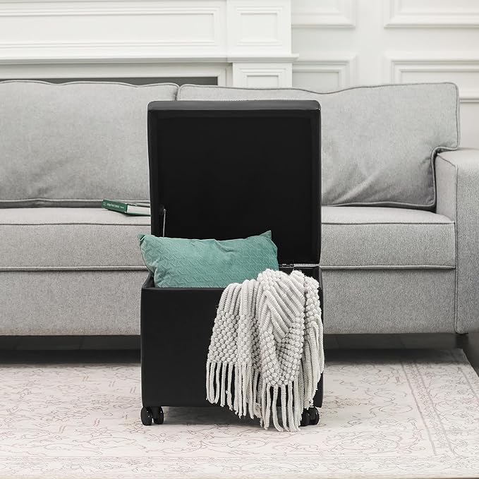 Homebeez Leather Storage Ottoman with Steerable Rolling Wheels, 17.9" Square Small Foot Rest Stool Tufted Cube Footstool with Hinged Lid, Load 300 lb, for Living Room, Bedroom, Entryway, Black