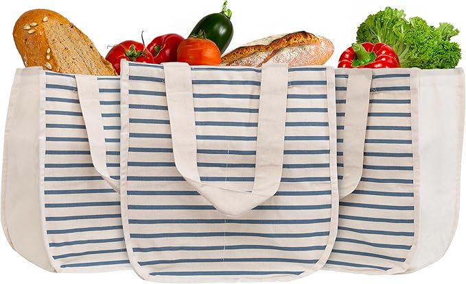 Reusable Canvas Grocery Shopping Bags with Bottle Sleeves - Easy to Organize, Convenient to Carry, Sturdy, Washable and Foldable Cotton Grocery Tote Bags with 80 LB Capacity (Blue Stripe - 3 Bags)