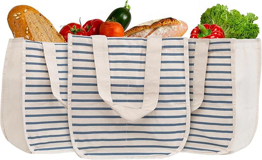 Reusable Canvas Grocery Shopping Bags with Bottle Sleeves - Easy to Organize, Convenient to Carry, Sturdy, Washable and Foldable Cotton Grocery Tote Bags with 80 LB Capacity (Blue Stripe - 3 Bags)
