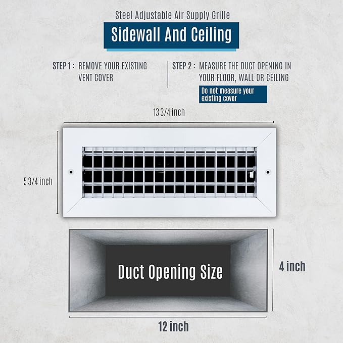 [2 Pack] Fits 12x4 Duct Opening Steel Adjustable Air Supply Grille by Handua | Register Vent Cover Grill for Sidewall and Ceiling | White | Outer Size: 13.75" X 5.75"