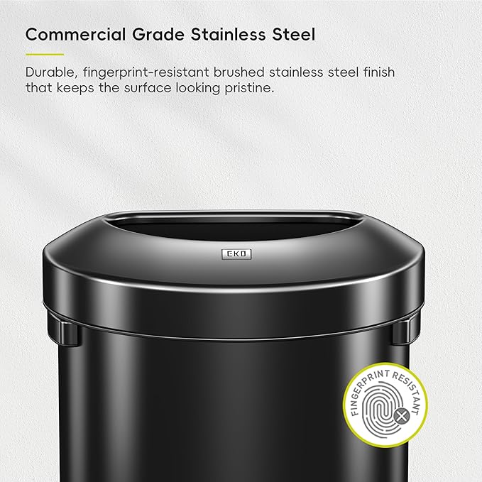 EKO Urban 21 Gallon Semi-Round Open Top Waste Bin, Stainless Steel Half Round Commercial Trash Can for Indoor and Outdoor, Extra Large Garbage Bin for Home, Office, Restaurant, 80L, Matte Black