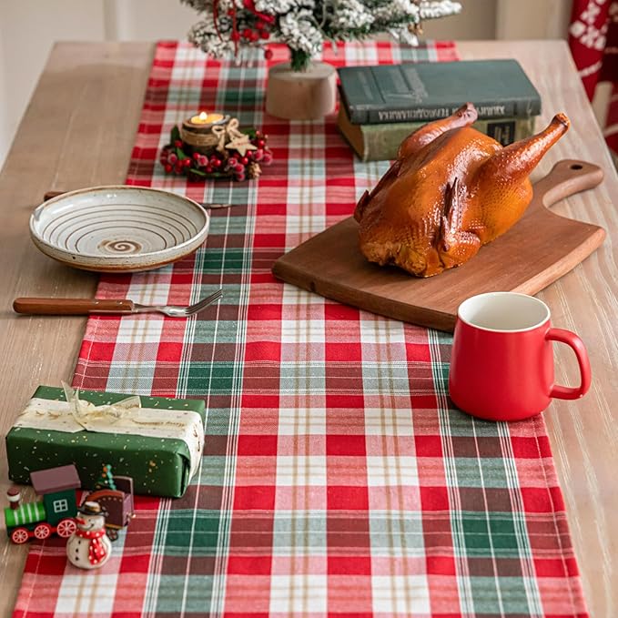 Red Gold Plaid Christmas Table Runner, Winter Holiday Table Runners 108 inches Long, Xmas Decorations Indoor Outdoor Farmhouse Home Kitchen Dining Party Decor