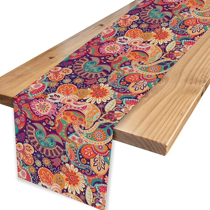 Purple Paisley Table Runner, Rustic Damask Antique Floral Flower Retro Boho Mandala Indian Bohemian Vintage Table Center Decor for Family Kitchen and Living Room Country Table Decorations, 13" X 90"