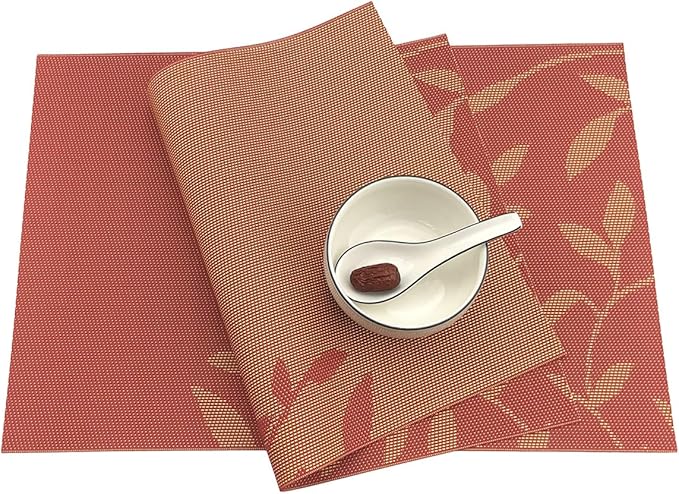 Gugrida Place Mats PVC Set of 6, Table Placemats Set of 6 PVC Woven Vinyl Place Mats Table Mats Natural Color (6 pcs, Oriange Leaves)