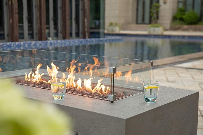 AMS Fireplace | Rectangular Fire Pit Glass Wind Guard for Madison Fire Pit (Light Gray) | Shielded from Patio Heater Flames | Tempered Glass with Polished Edges for Safety | Fire Table Glass Shield