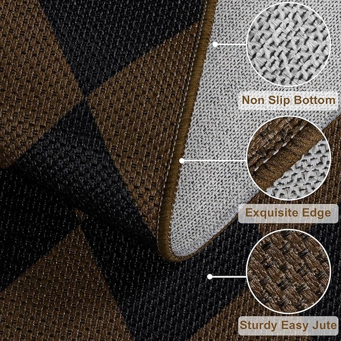 Easy Jute Checkered Area Rug, 3x5 Indoor Outdoor Entryway Rug Washable Coffee Modern Diamond Kitchen Rugs, Non-Slip Neutral Farmhouse Throw Carpet for Living Room Patio Kids Room