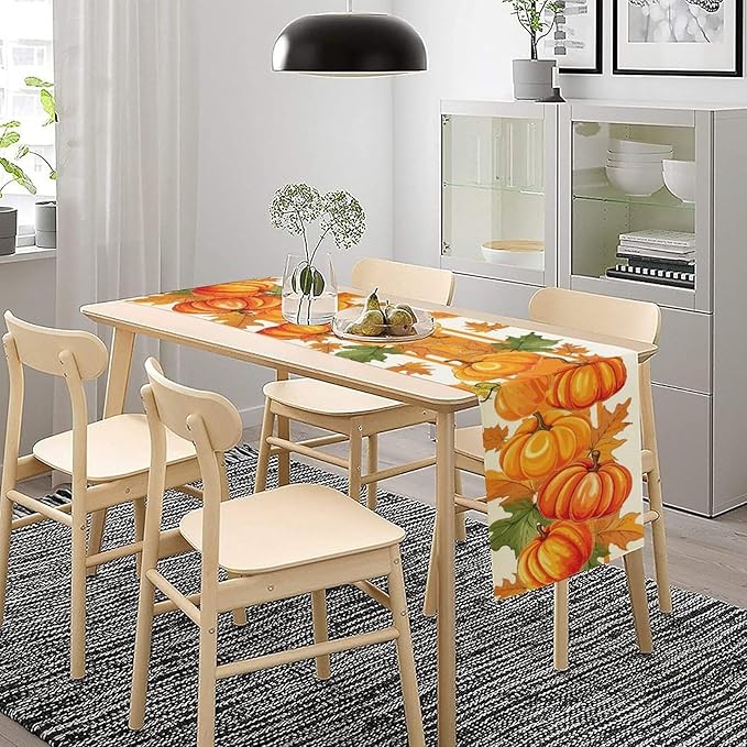 Fall Pumpkin Table Runner, Autumn Orange Maple Leaves Print Table Runner for Thanksgiving Harvest Holiday Indoor Outdoor Table Decoration, 13x36inch