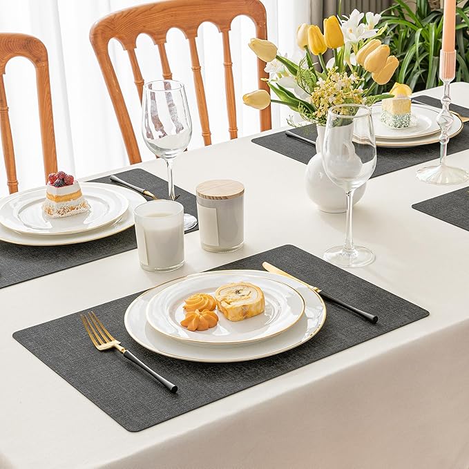 Romanstile Vinyl Placemats Set of 12-12 X 17 Inch - Heat Resistant Place Mats 100% Waterproof Oilproof Wipeable Reversible Faux Leather Table Mats for Kitchen, Dining, Party, Outdoor, Charcoal