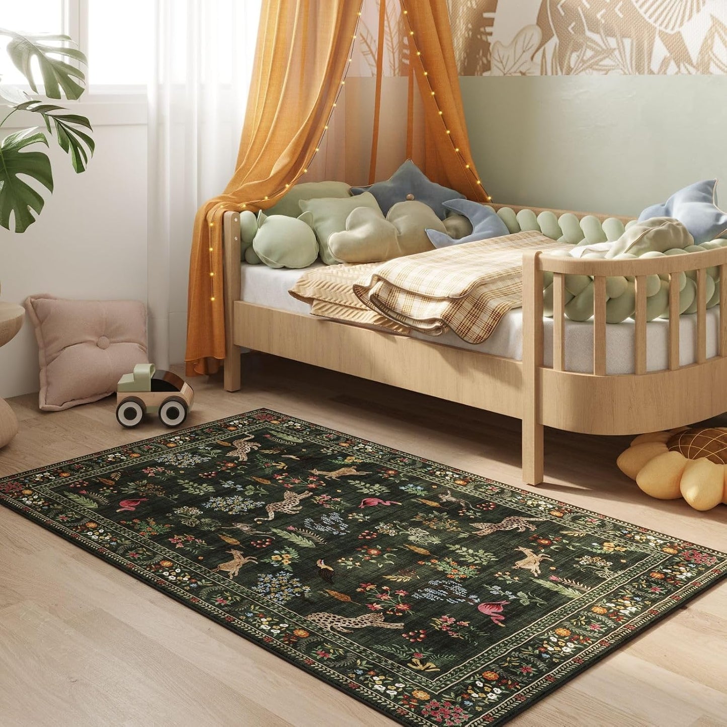 Rugcomf Area Rug 4x6 Rug Washable Boho Rugs Non Slip Low Pile Floral Animal Small Carpet for Bedroom, Bedside, Kids Room, Office, Dining Room (Green)