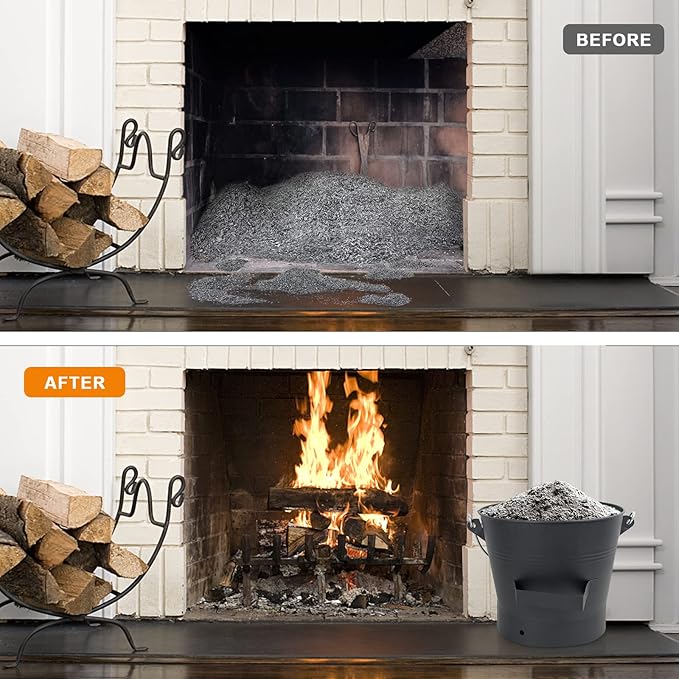 BRIAN & DANY Ash Bucket with Lid, 2.6 Gallon Fireplace Ash Bucket with Shovel and Hand Broom, Metal Bucket for Fireplace, Fire Pit, Wood Burning Stove, Black