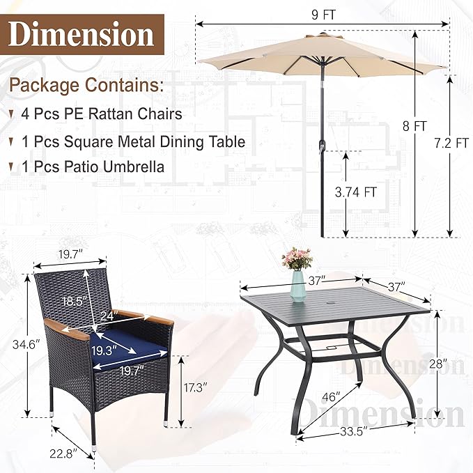 Sophia & William 5 Pieces Outdoor Dining Set with 9ft Beige Patio Umbrella, 4 Seat Patio Dining Set with Square Metal Patio Table and 4 Rattan Chairs, Patio Dining Set Set for Yard Lawn Porch