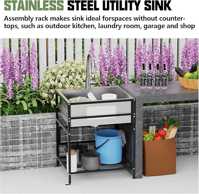 25x22 Inch Stainless Steel Utility Sink-Freestanding Laundry Sink Practicality With Accessories Stainless Functional Faucet,Soap Dispenser, SS Sink Grid For Laundry,Garage,Outdoor Kitchen,Garden...
