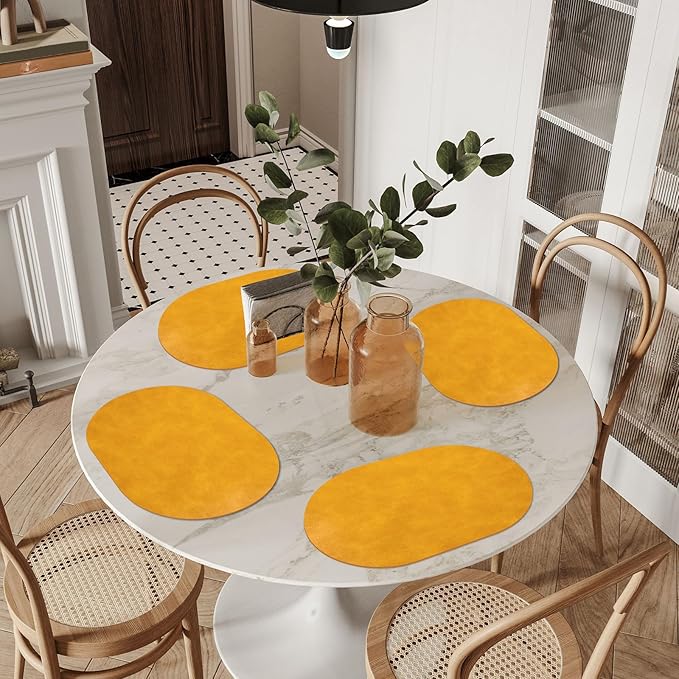 ADRIMER Placemats, Heat Resistant Oval Placemats Set of 8 Washable 12 x 17 Inch, Waterproof Table Mats, Wipeable Pu Place Mats for Kitchen, Dining Room, Yellow