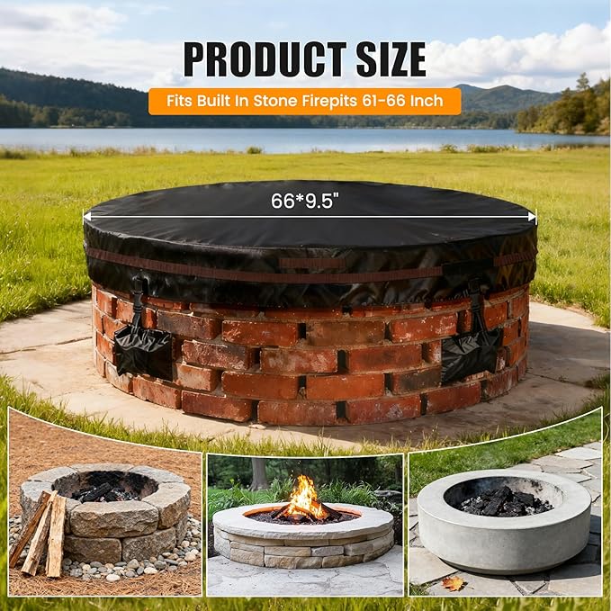 Outdoor Round Fire Pit Cover 66x9.5" Waterproof Tear-Resistant 600D Oxford PU Coated for 61–66" Built-In or In-Ground Stone Fire Pits, Heavy Duty All-Season Protection for Outdoor Fireplaces