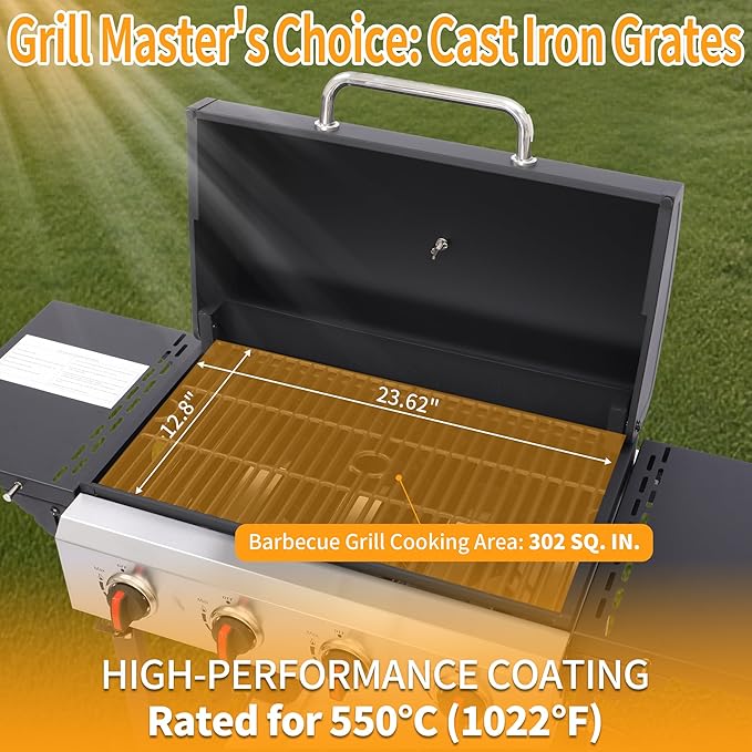 4-Burner Propane Gas Grill, 38250 BTU BBQ Grill with Cast Iron Grates, 302 Sq. In. Cooking Area, Foldable Side Shelves, Portable Outdoor Camping Patio Grill, Black