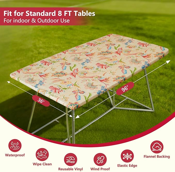 Rectangle Picnic Table Cloth, Elastic Waterproof Fitted Vinyl Tablecloths for 8 Foot Tables, Wipeable Flannel Backed Table Covers for Dining, Camping, Outdoor(Songbird,36"x96")