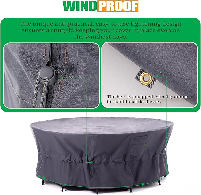 F&J Outdoors Patio Furniture Covers, Heavy Duty Tear Resistant Waterproof UV Resistant Windproof Large Furniture Cover, Grey, 110" Dia x 33" H