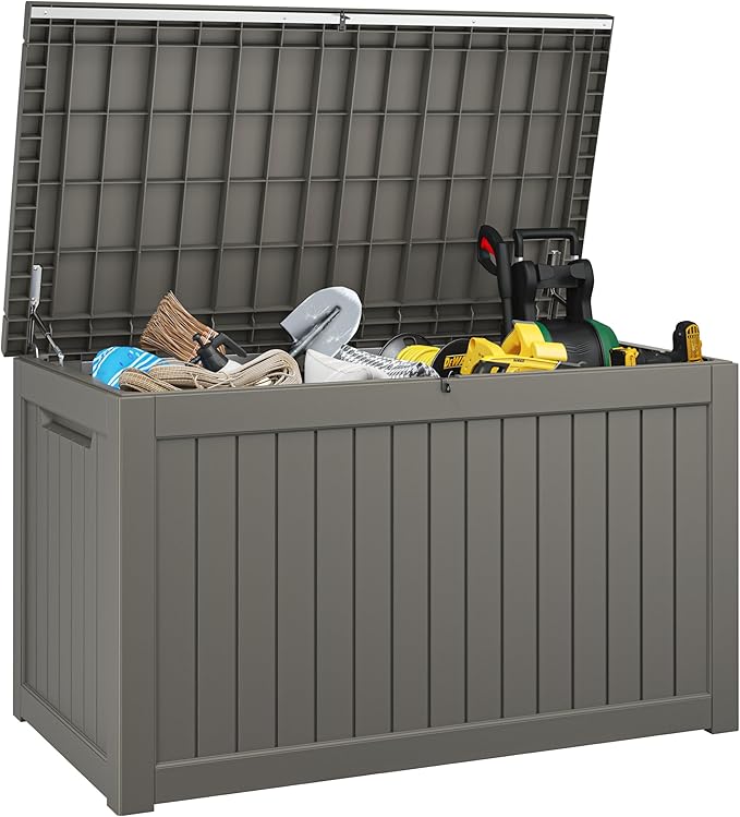 NUNU LAB 270 Gallon Large Resin Deck Box, Waterproof Outdoor Storage Box, Lockable Storage Bin for Patio Furniture, Garden Tools, Pool Accessories, UV-Resistant & All-Weather, Grey