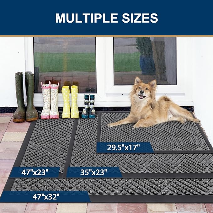 Smiry Front Door Mat Outside Entrance, Heavy Duty Outdoor Indoor Natural Rubber Doormat, Non Slip, Trap Dirt and Moisture, Easy Clean, Low Profile Patio Porch Entryway Mat, 59x23, Grey