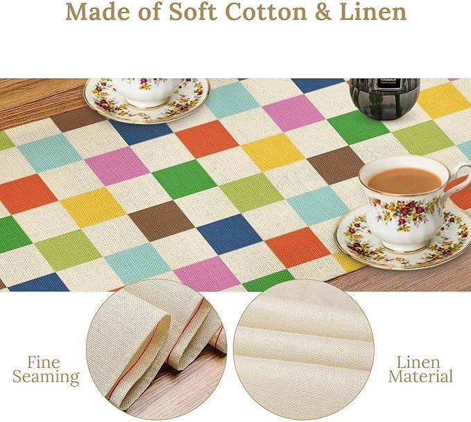 Colorful Checkered Table Runner, Vintage 60s 70s Cute Modern Geometric Table Runner for Party Kitchen Dining Home Outdoor Banquet 13x120in