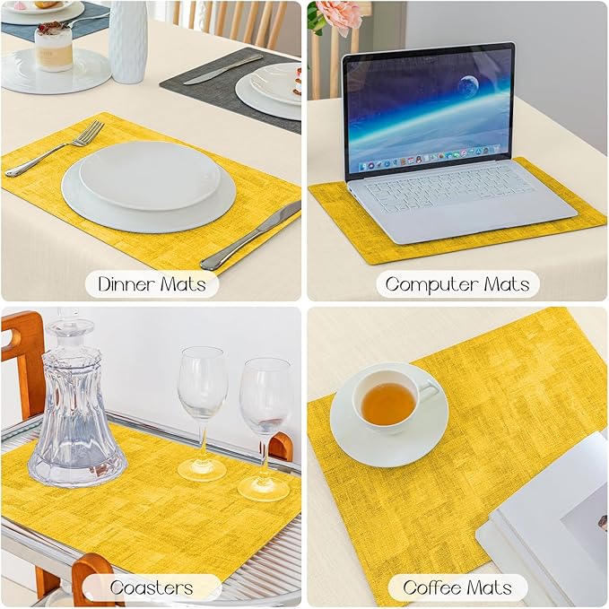 Romanstile Reversible Vinyl Placemats Set of 4, Faux Leather 100% Waterproof Oil-Proof Wipeable Place Mats, Heat Resistant Dual Sided Table Mats for Kitchen/Dining/Party (Grey Yellow, 12 x 17 Inch)