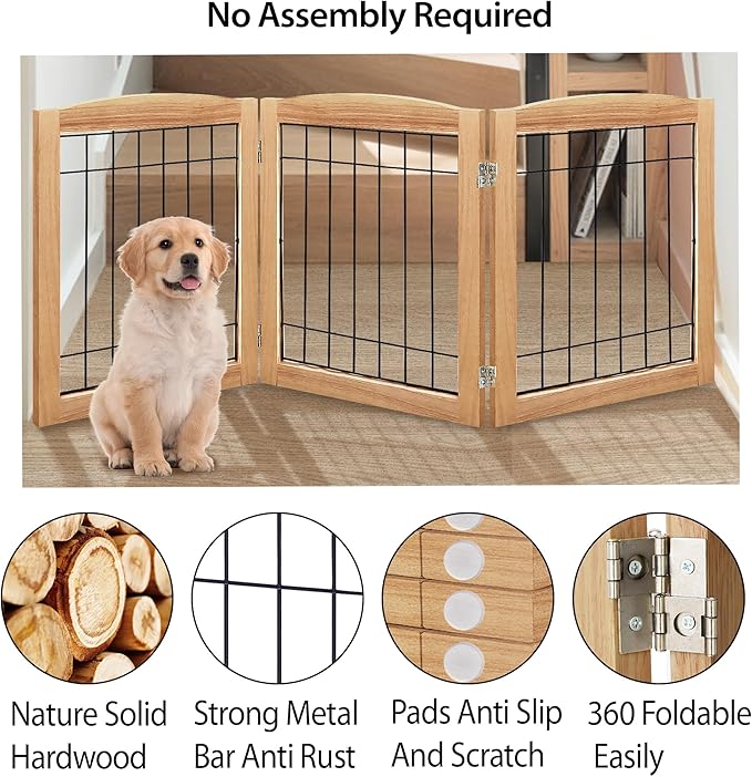 LZRS 3-Panel Freestanding Foldable Wooden Dog Gate –Solid Wood & Steel Wire Chew-Resistant Indoor Safety Pet Fence for Doorways & Stairs, Ideal for Small to Medium Dogs & Puppies, Natural