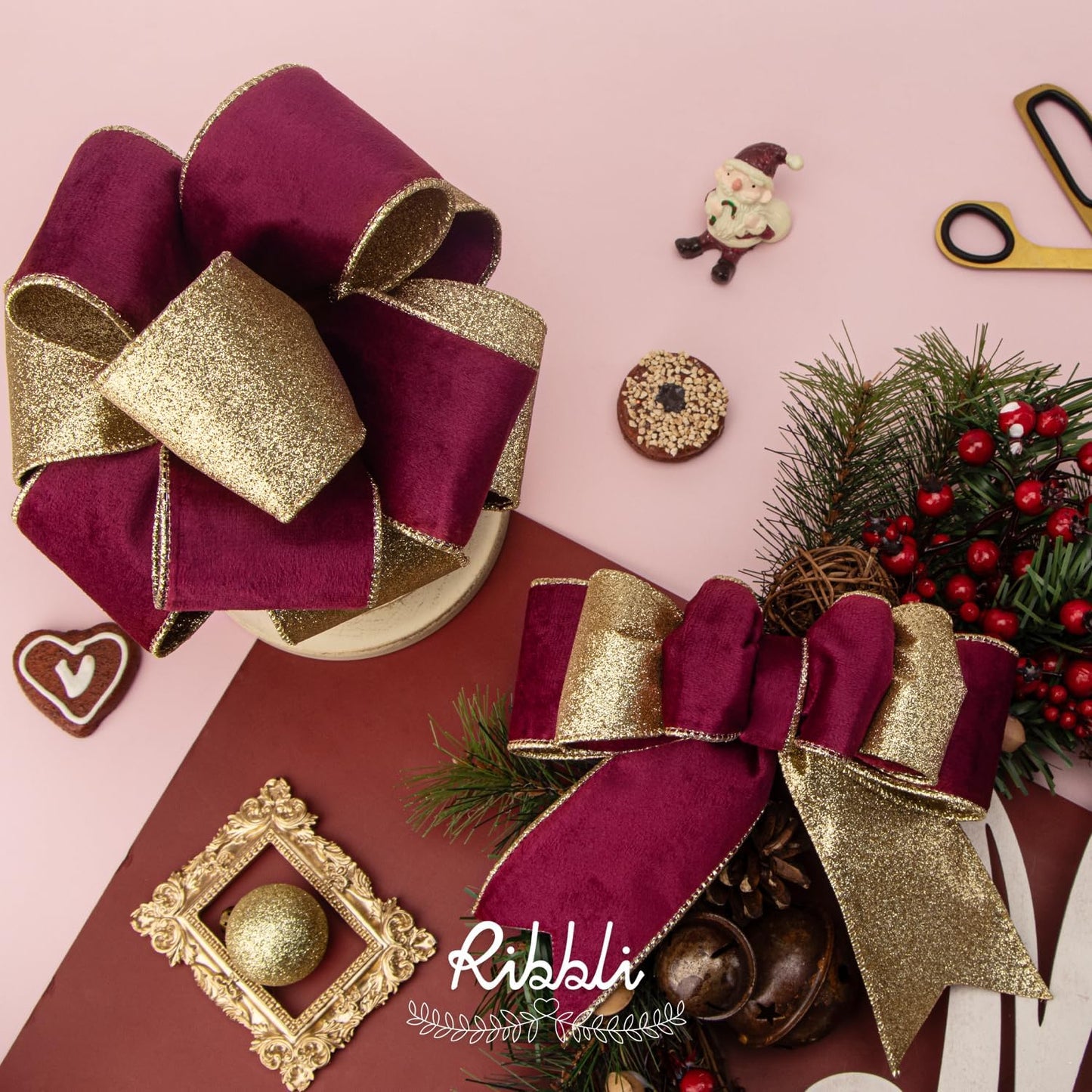 Ribbli Burgundy Velvet Wired Ribbon 2.5 Inch Burgundy Velvet with Gold Glitter Christmas Ribbon for Christmas Tree Decoration Big Bow Gift Wrapping Crafts Wreaths Supplies- 10 Yards