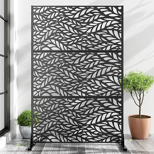 Casaphoria 72" H x 47" W Metal Outdoor Privacy Screen, Freestanding Decorative Divider for Patio, Deck, Balcony, and Garden with Stable Base, Black Spring