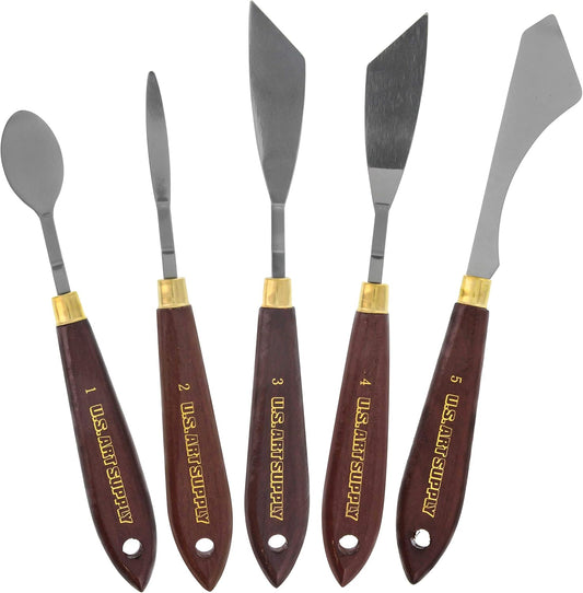 U.S. Art Supply 5-Piece Artist Stainless Steel Palette Knife Set - Wood Hande Flexible Spatula Painting Knives for Color Mixing Spreading, Applying Oil, Acrylic Paint on Canvas