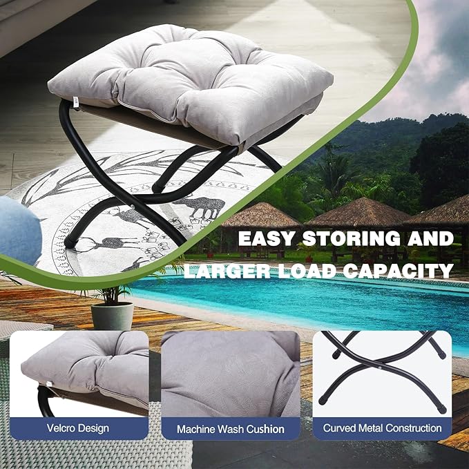 15" Foldable Foot Stool Ottoman with Metal Frame - Washable Light Grey Upholstered Indoor/Outdoor Footrest for Living Room, Bedroom, Patio - Space-Saving Compact Design
