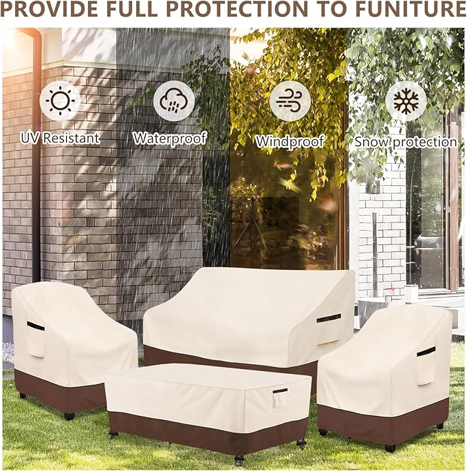 Rileytee Patio Furniture Set Covers, 4 Pcs 600D Heavy Duty 100% Waterproof Outdoor Furniture Cover, Fit Patio Loveseat, Chair and Coffee Table (Beige & Brown)