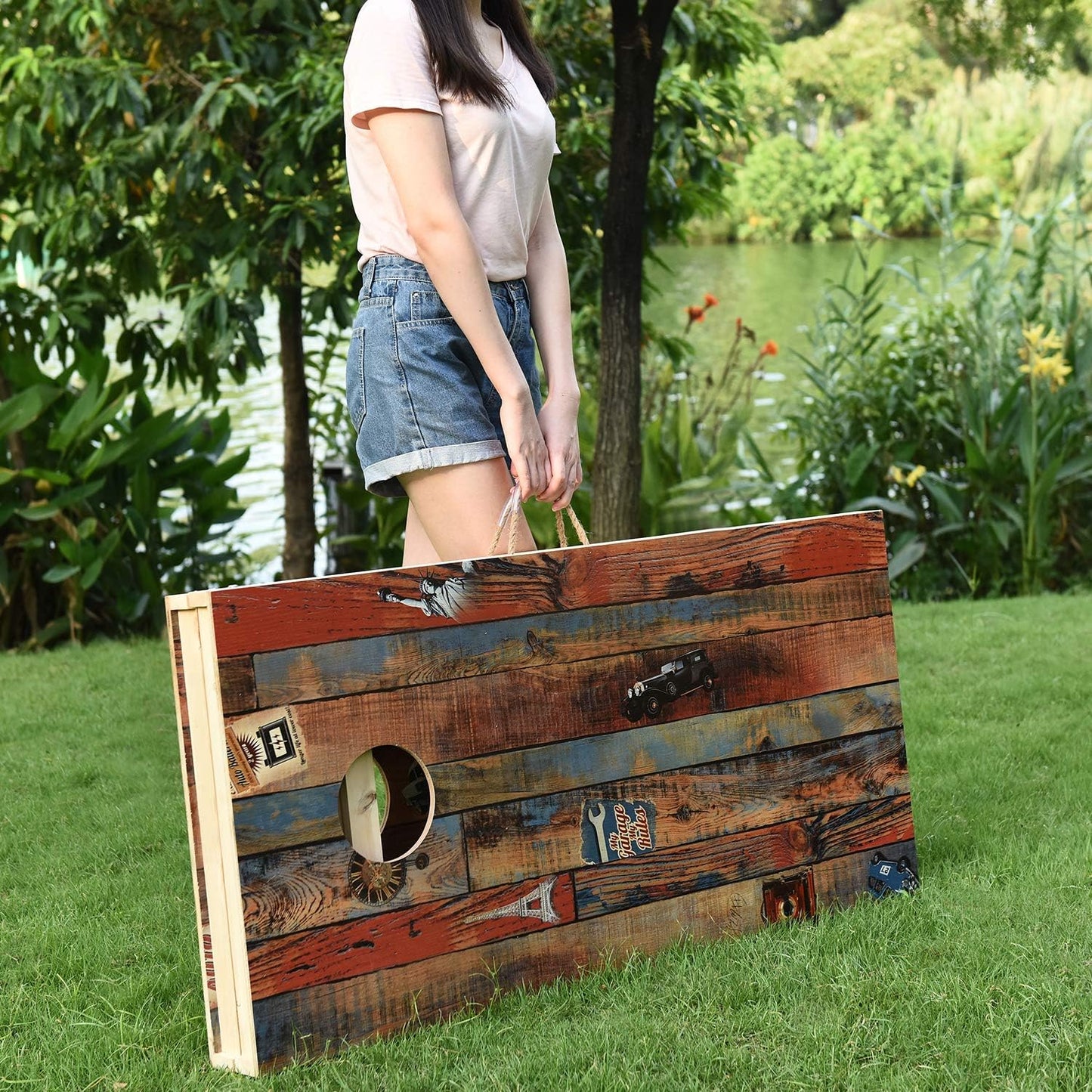 Solid Wood Vintage Cornhole Game Set, Two 4'x2'Cornhole Boards, 8 Cornhole Bags for Indoor and Outdoor Toss Games Competitions, Tournaments