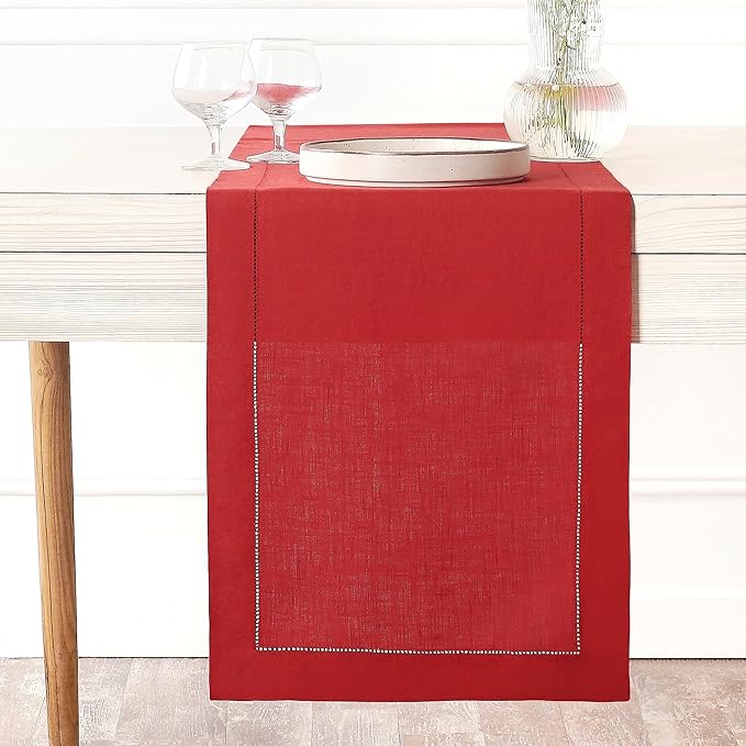 D'Moksha Homes Linen Bright Red Table Runner 60 Inches - Classic Hemstitch, 100% Pure Linen Coffee Table Runner 14 x 60 Inch Ideal for Dresser Tables, Valentines, Spring, Easter