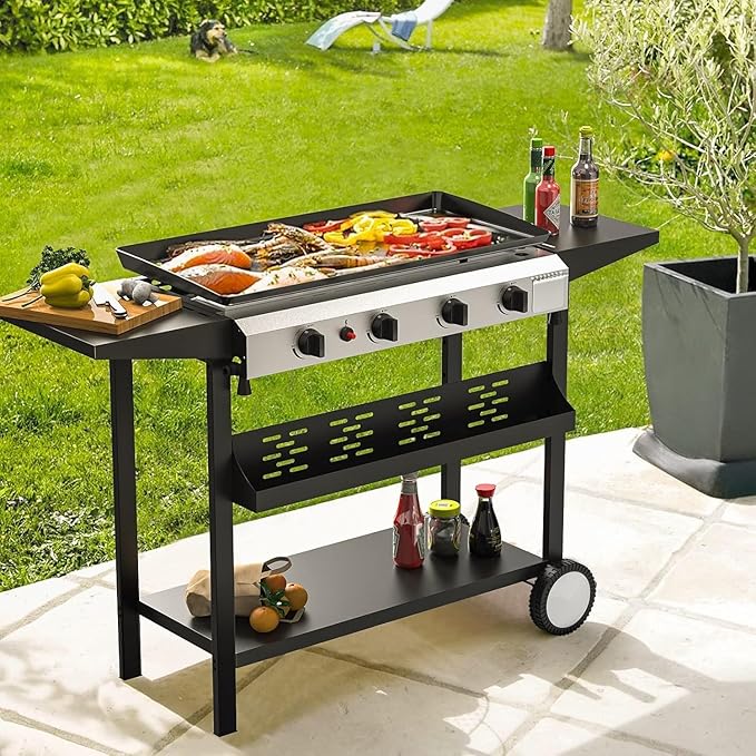 4 Burner Flat Top Grill, 30 Inch Stainless Steel Tabletop Portable Propane Griddle, 40,000 BTU BBQ Gas Griddle Flat Grill with Side Shelves for Camping
