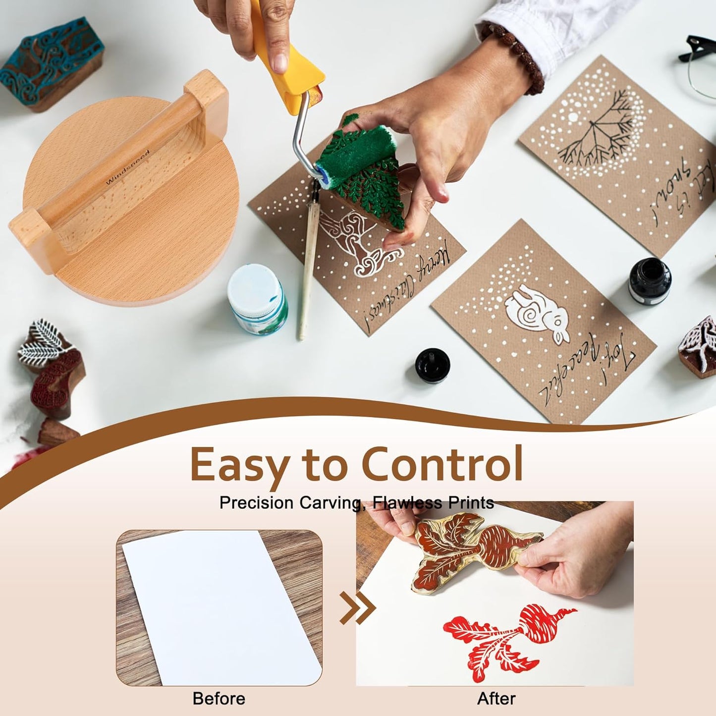 Windspeed Upgrade Wood Baren for Printmaking, 5.5 in Thicker Block Printing Baren Tools Printing Wood Block for Linocut Scrapbooking Crafting Embossing Tool with Wiping Cloth