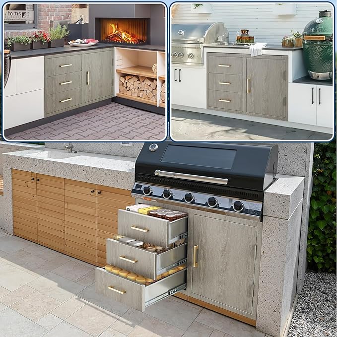 Stainless Steel Outdoor Kitchen Door Drawer Combo 38.2" W x 20.5" H x 22.6" D - Triple Drawers & Access Door, Propane Storage & Adjustable Garbage Ring, Weather-Resistant Flush Mount