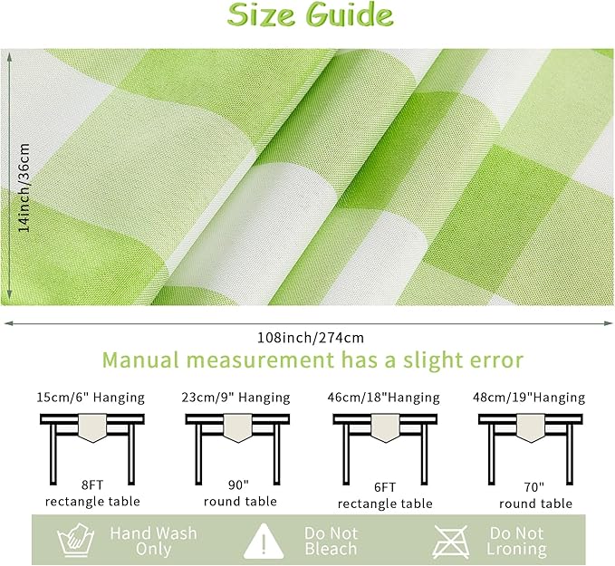 Fabric Checkered Table Runner 6 Pack Waterproof Gingham Table Runner 14W x 108L Buffalo Check Table Runners for Parties Kitchen Dining Wedding Banquet (Emerald and White)