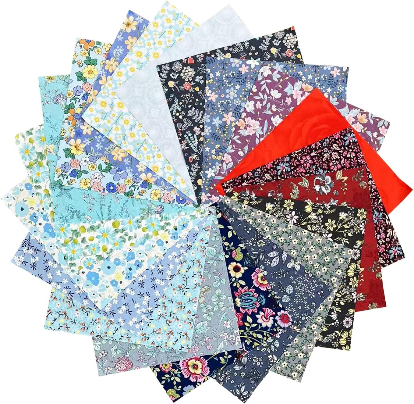 HANPATQUI 50PCS 5 x 5 inch Floral 100% Cotton Fat Quarters Fabric for Sewing and Quilting Bundles Precut Fabric Square for DIY Craft Patchwork