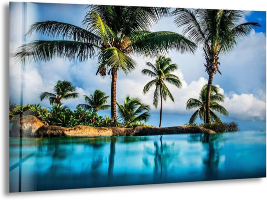 My Photostation.com 35.5Wx30H'' Island & Blue Sea Glass Wall ArtTempered Glass Printing Wall Decor Large Wall Art Wall Hangings