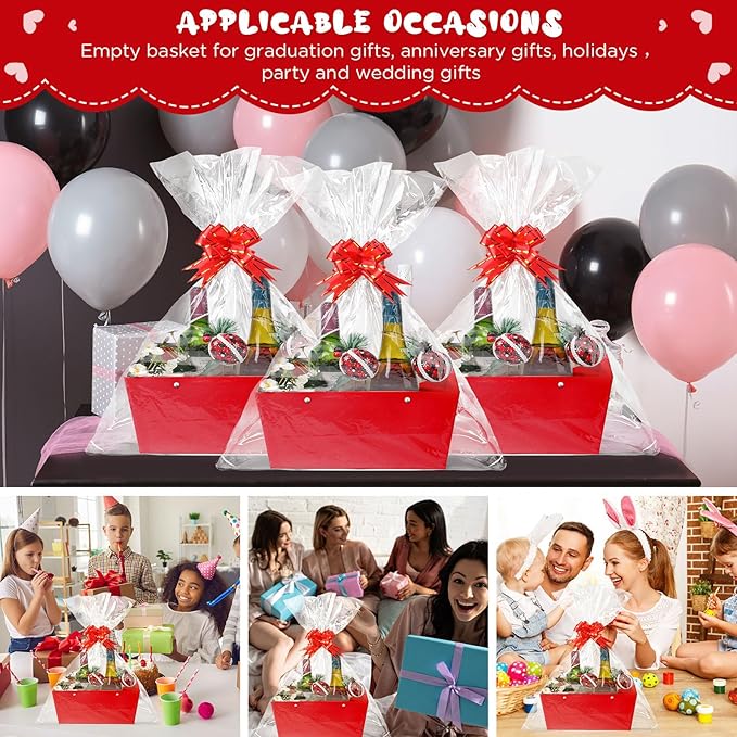Tuanse 30 Pcs Basket for Gift Empty DIY Bulk Gift Basket Kit with Handle Kraft Cardboard Tray with 30 Bag 30 Bow Market Tray for Wedding Party(Red,12.6 x 9.8 x 5.9 in)
